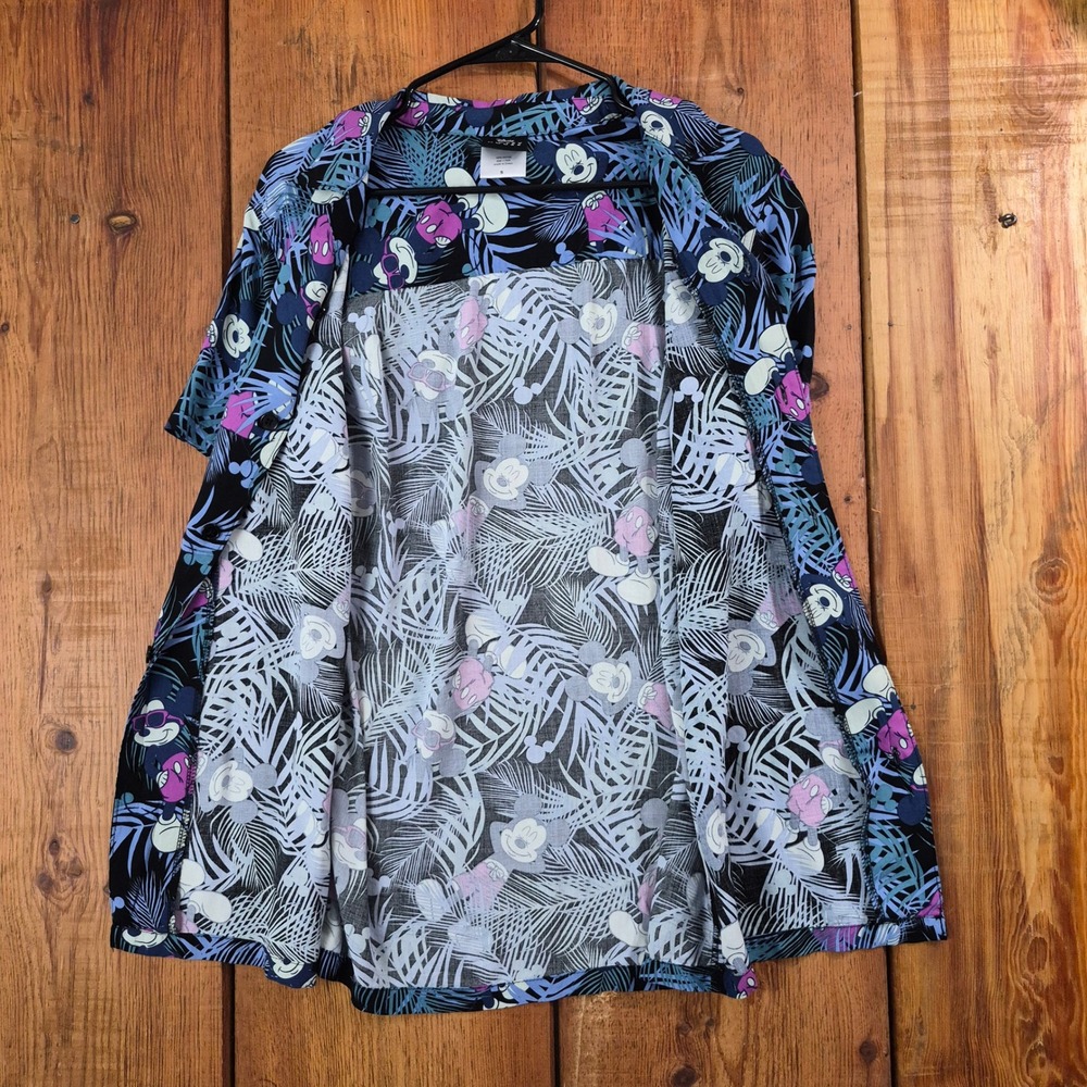 Disney Mickey Mouse Tropical Palm Button Down Shirt Size Small Black Blue Rayon - Picture 7 of 8